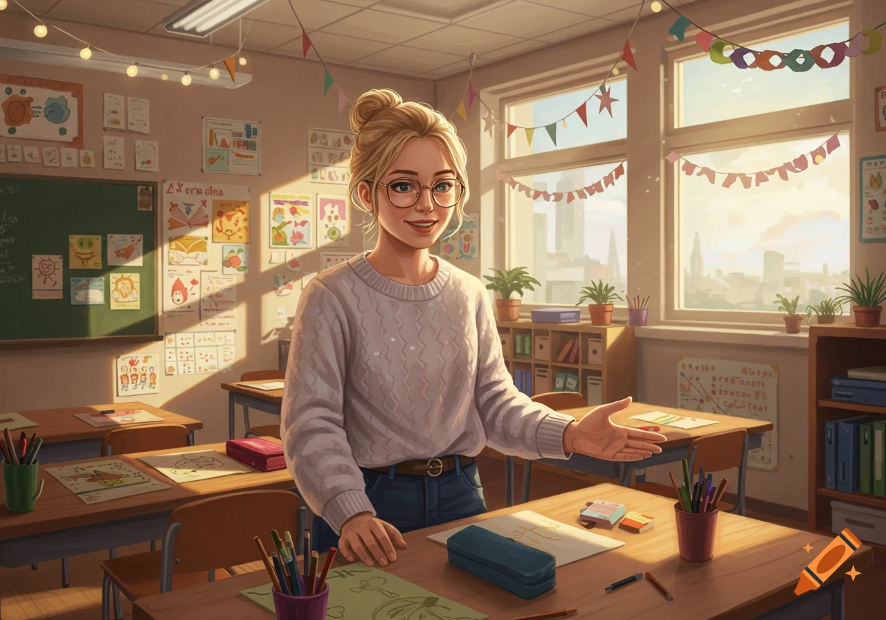 Blonde female teacher with glasses in a sunlit classroom, with student drawings on the walls.