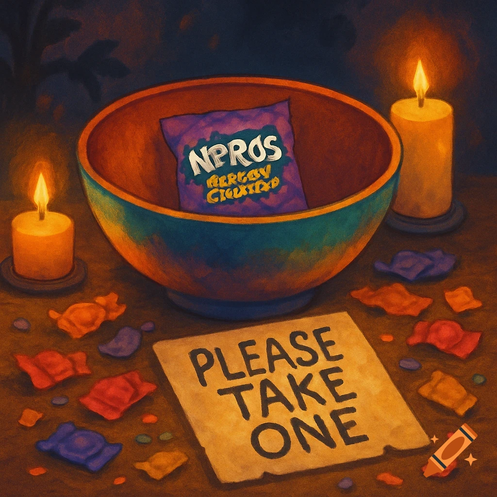 A Halloween candy bowl with a purple bag of candy inside and a 'PLEASE TAKE ONE' sign in front, surrounded by scattered candies and lit candles, in a painterly style.