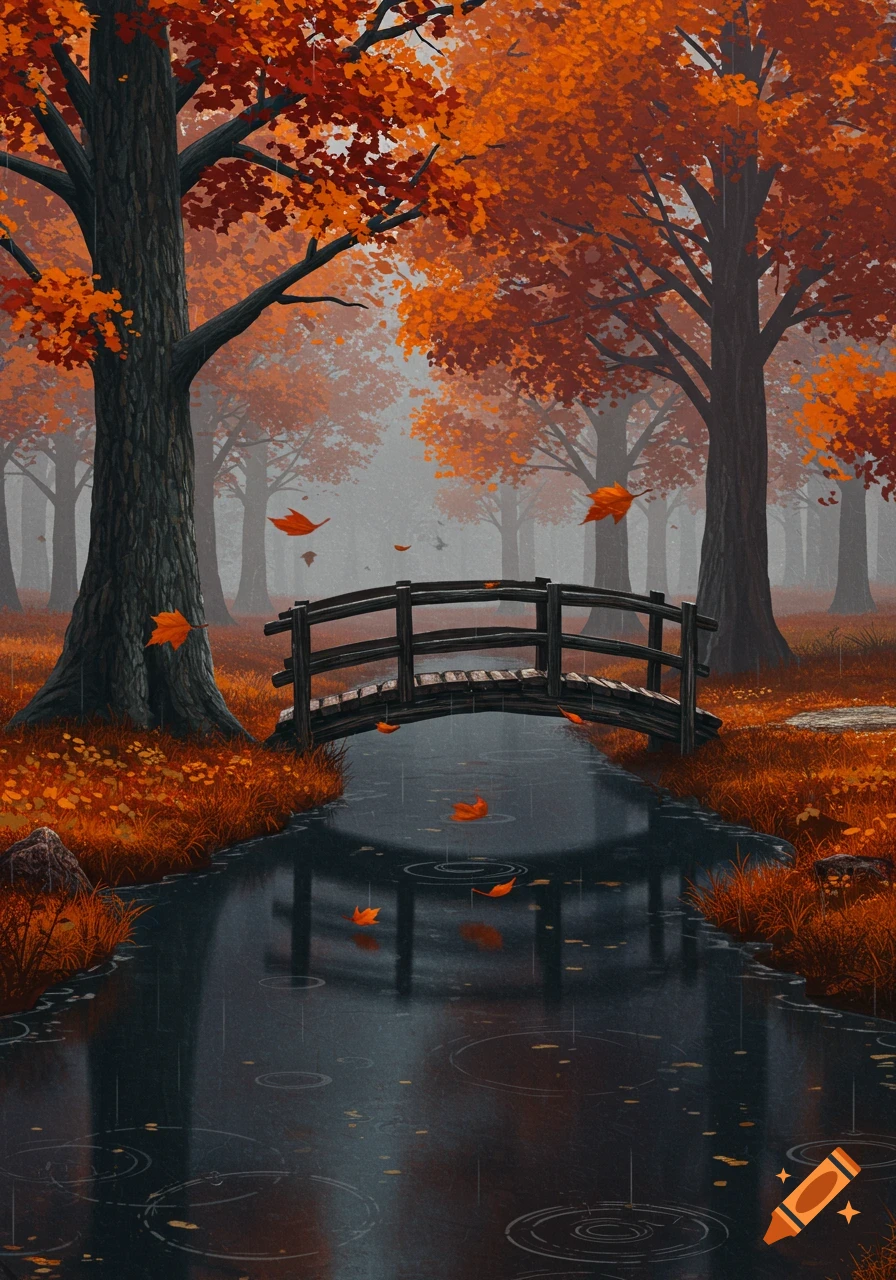 Digital painting of an autumn forest with a stream and a wooden bridge, vibrant orange leaves falling in the rain.