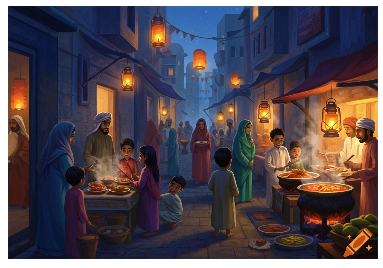 Vibrant illustration of a bustling Middle Eastern night market at night, with families and food stalls lit by lanterns.