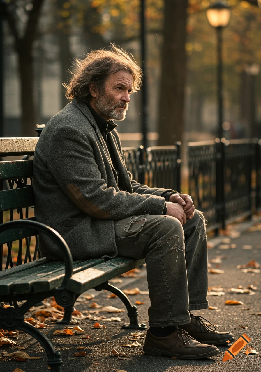 Photorealistic image of an older man with a beard and worn clothes sitting on a park bench, surrounded by autumn leaves.