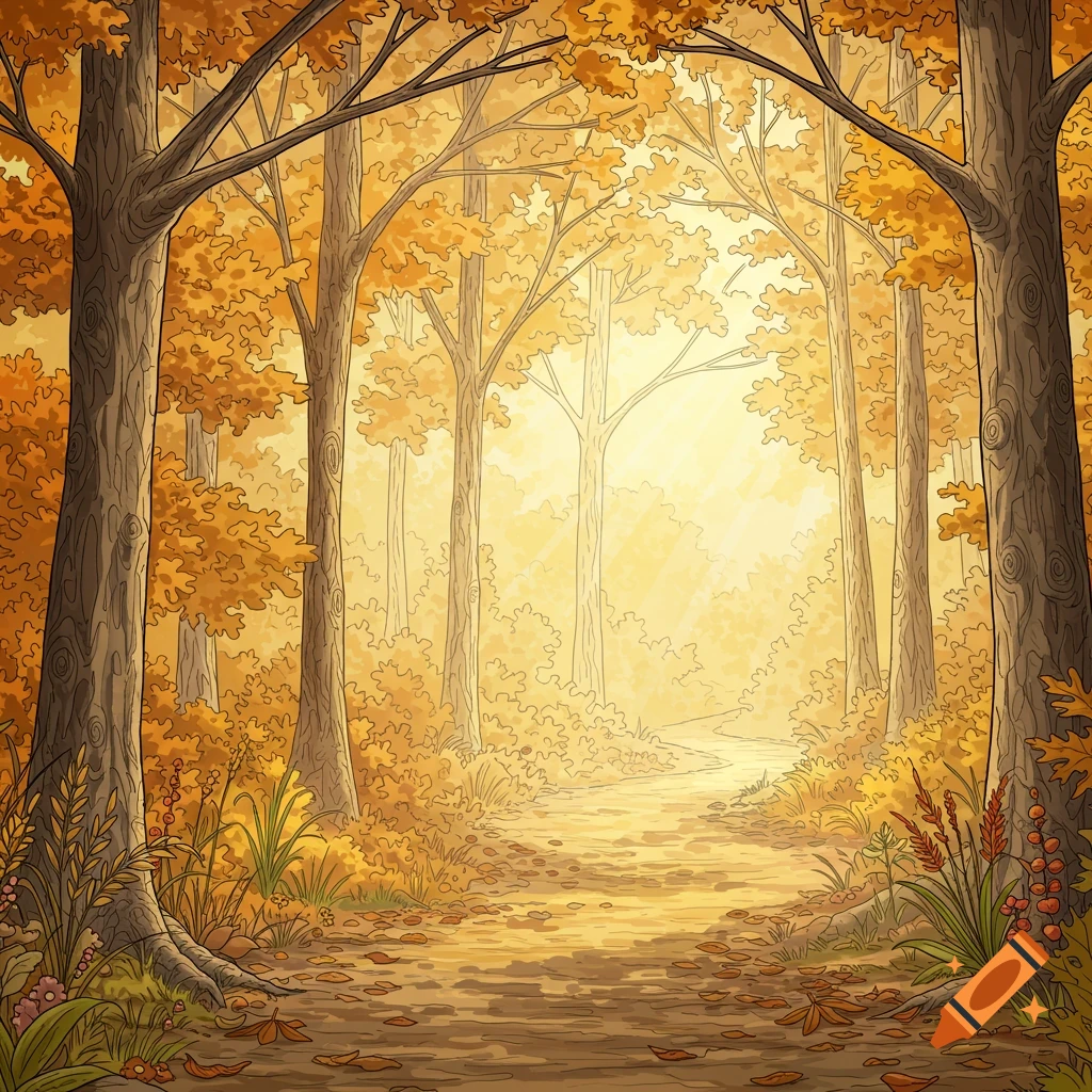 Illustration of a winding path through an autumn forest, with golden leaves and light filtering through the trees.