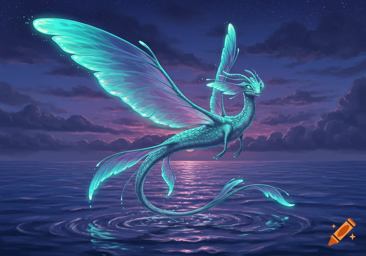 A glowing, ethereal winged dragon-like creature hovers over dark, rippling water under a twilight sky.