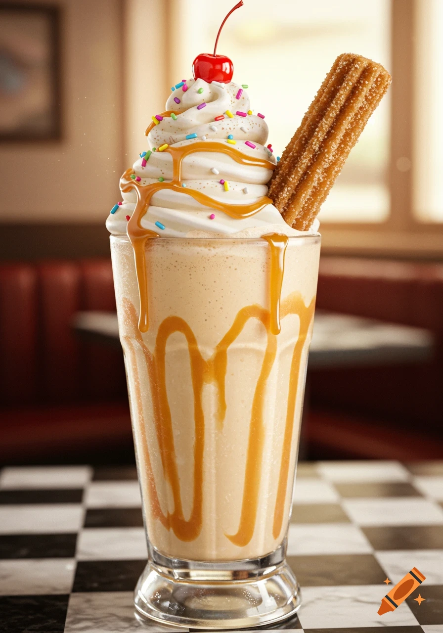 A photorealistic caramel milkshake topped with whipped cream, sprinkles, a cherry, and a churro on a black and white checkered table.