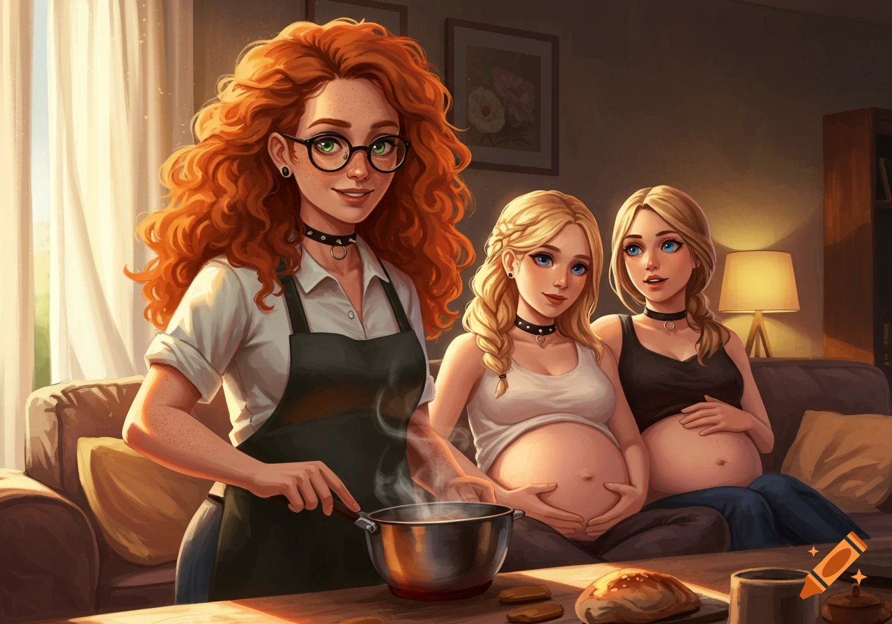 An illustration of a red-haired woman cooking while two blonde pregnant women relax on a couch behind her.