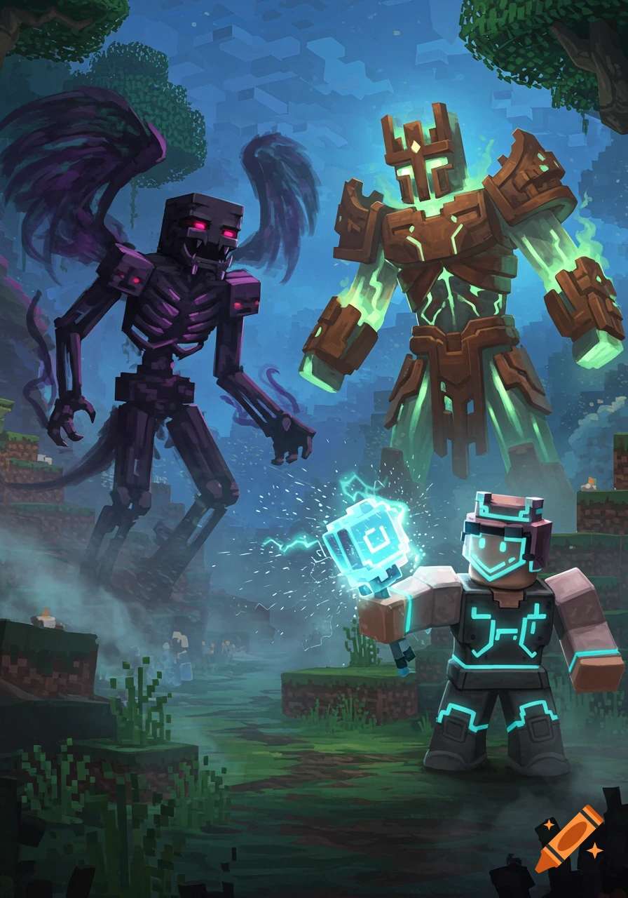 A blocky character with a glowing hammer confronts a winged skeletal monster and a large armored golem in a misty, blocky game world.