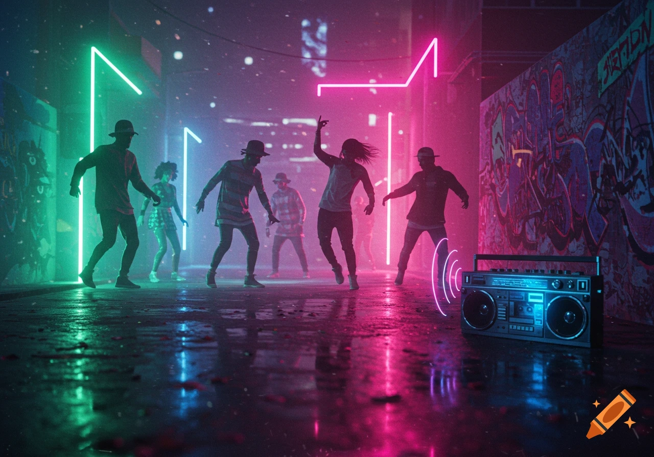 People dancing in a neon-lit alley with a boombox and graffiti-covered walls, reflections on the wet ground.