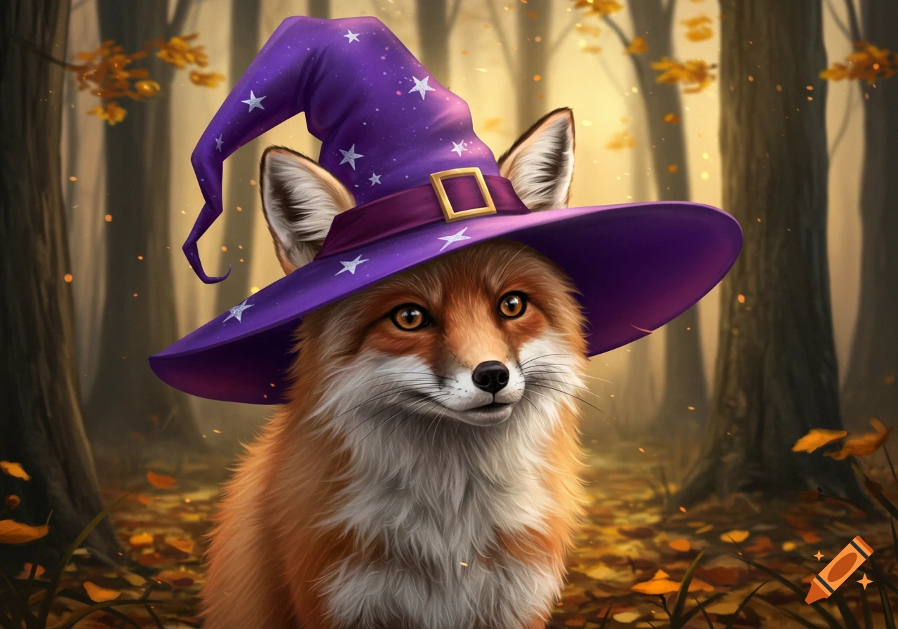A cute fox wearing a purple witch's hat with stars, sitting in an autumn forest with fallen leaves.