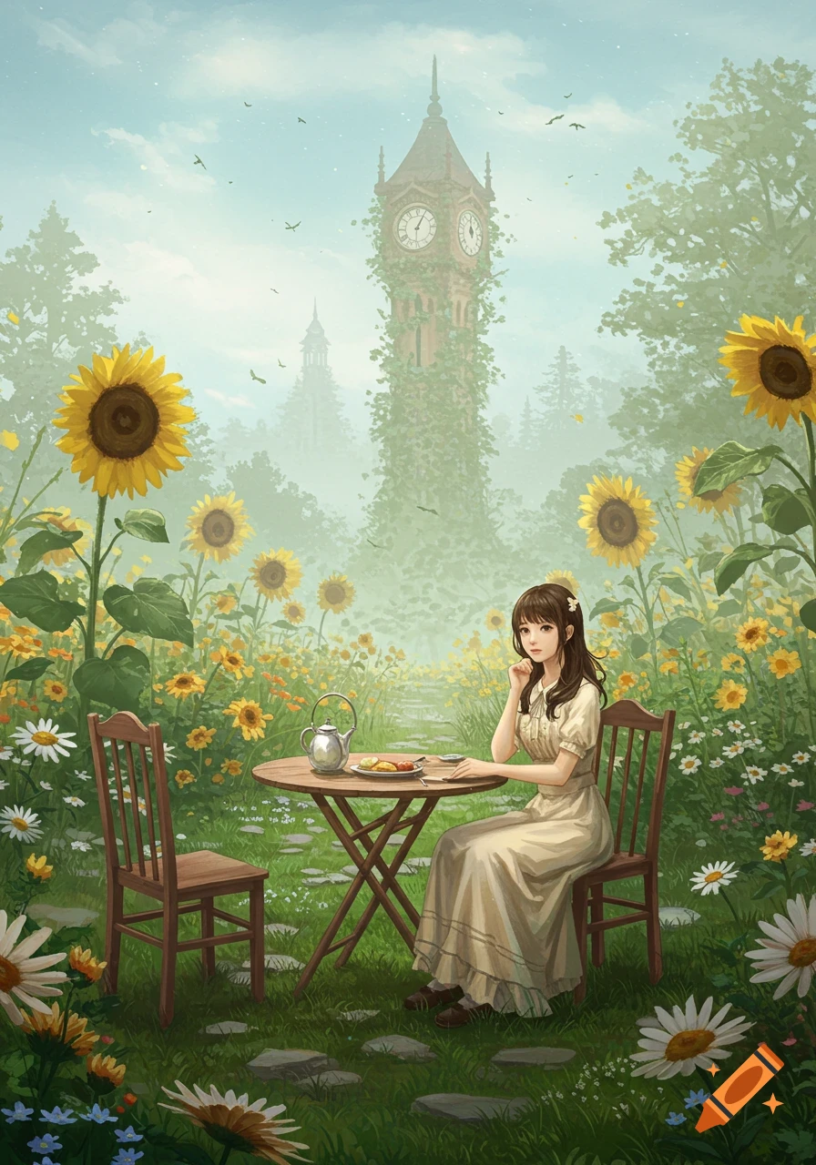 An illustrated image of a young woman having tea at a table in a field of sunflowers and daisies, with an ivy-covered clock tower in the misty background.