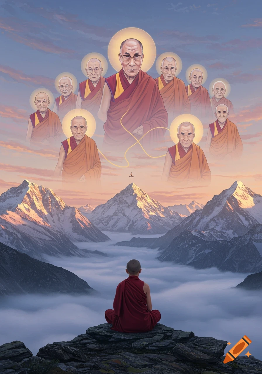 An illustration of a young monk meditating on a rocky mountain peak overlooking clouds, with spiritual figures of Dalai Lamas floating above, connected by golden threads.