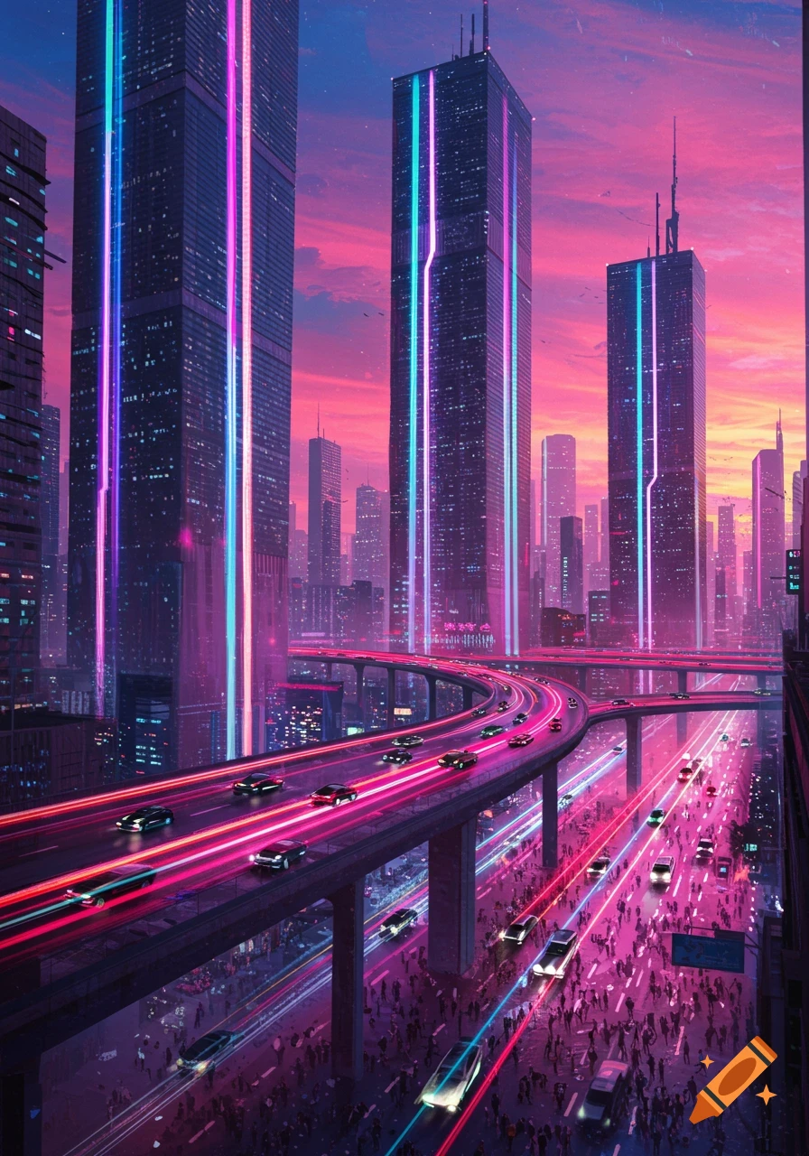 A vibrant cyberpunk city at dusk with towering skyscrapers, neon light trails from cars on elevated highways, and crowds below, bathed in pink and blue hues.