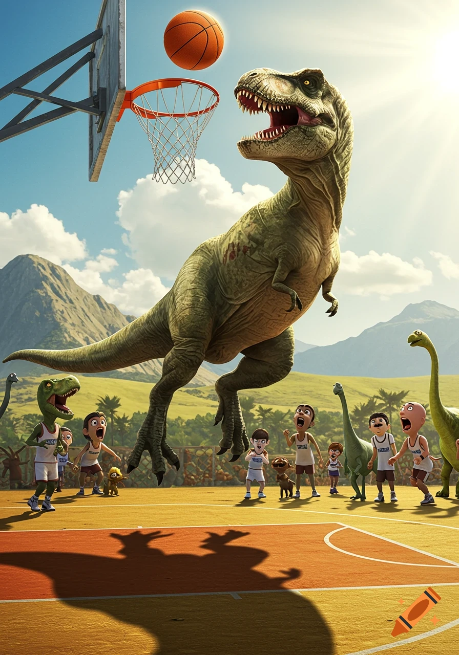 A giant T-Rex jumps to slam dunk a basketball into a hoop, with human children and other dinosaurs playing on the court in an animated style.