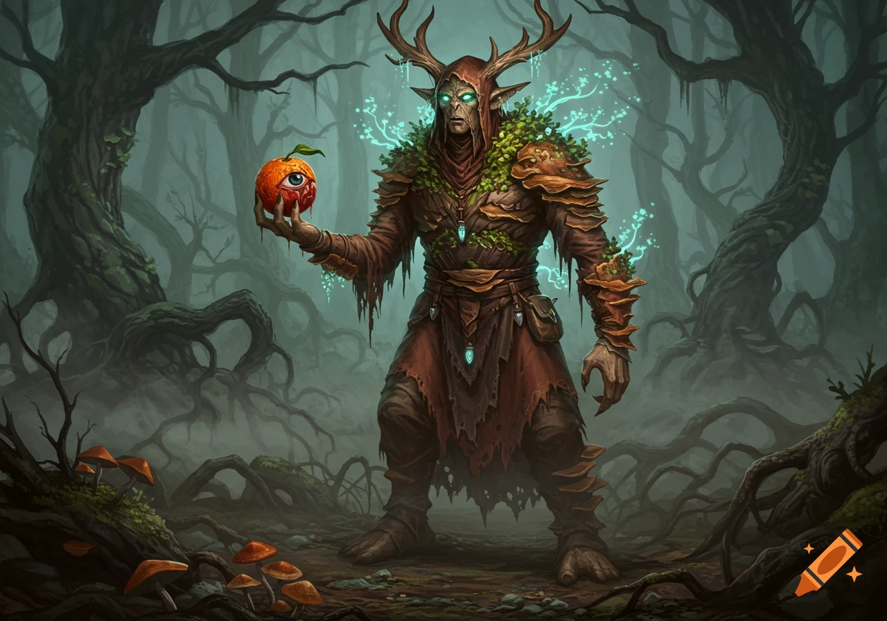 A brooding firbolg druid with antlers and glowing eyes stands in a misty, gnarled forest, holding an orange with a photorealistic eye.