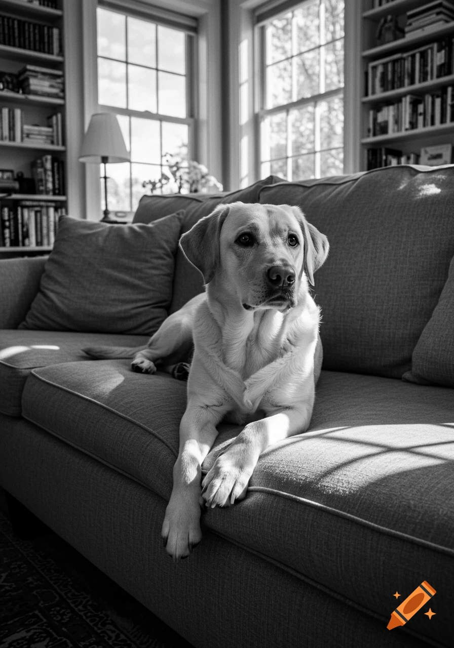 A black and white photograph of a yellow Labrador Retriever dog lying on a gray couch in a sunlit living room with bookshelves.