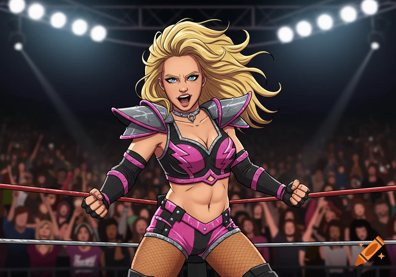 A fierce blonde female professional wrestler in a pink and black costume with shoulder pads stands in a wrestling ring, crowd blurred in background, cartoon style.