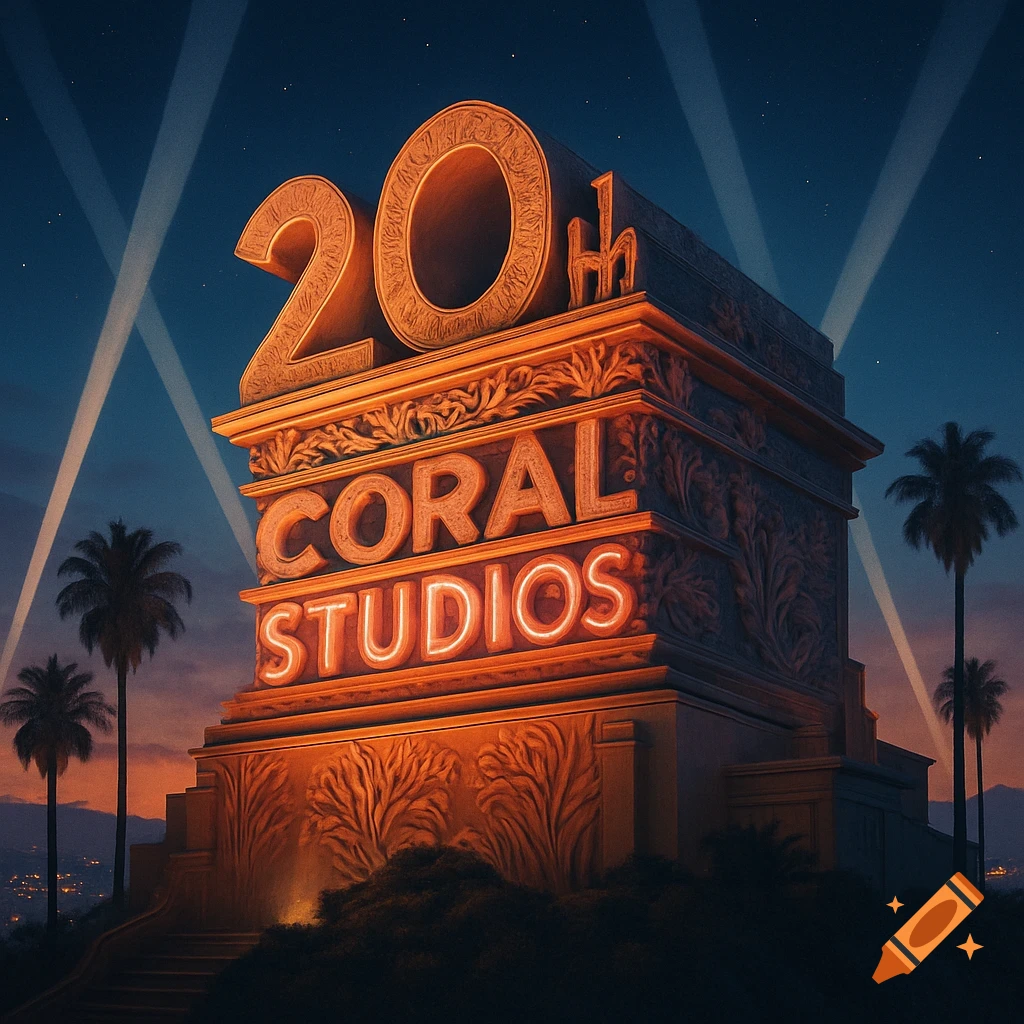 An illuminated '20th Coral Studios' logo, mimicking 20th Century Fox, with searchlights and palm trees at dusk.