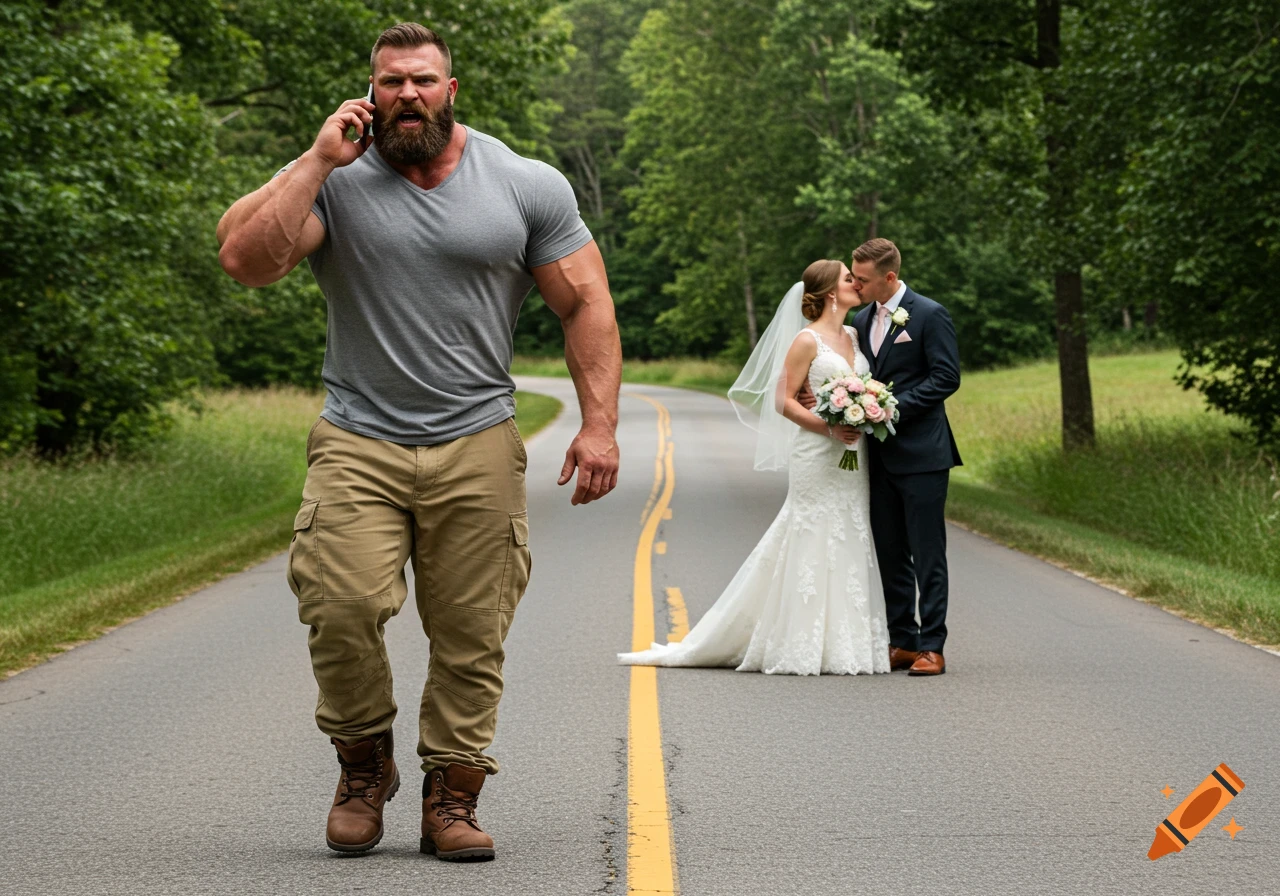 A muscular, bearded man on his phone walks down a country road past a kissing newlywed couple in wedding attire. Photorealistic.