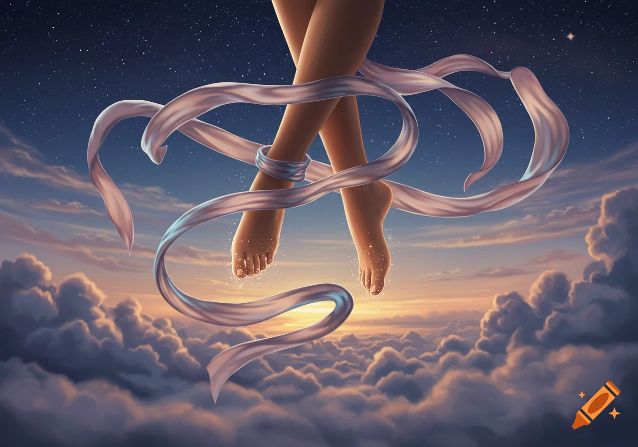 Bare legs and feet float crossed in an ethereal sky with stars above and clouds below, entwined by a flowing ribbon.
