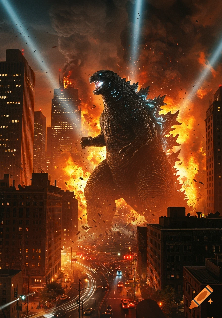 Godzilla, a giant dark monster, roars amidst a burning city at night with searchlights, smoke, and debris.
