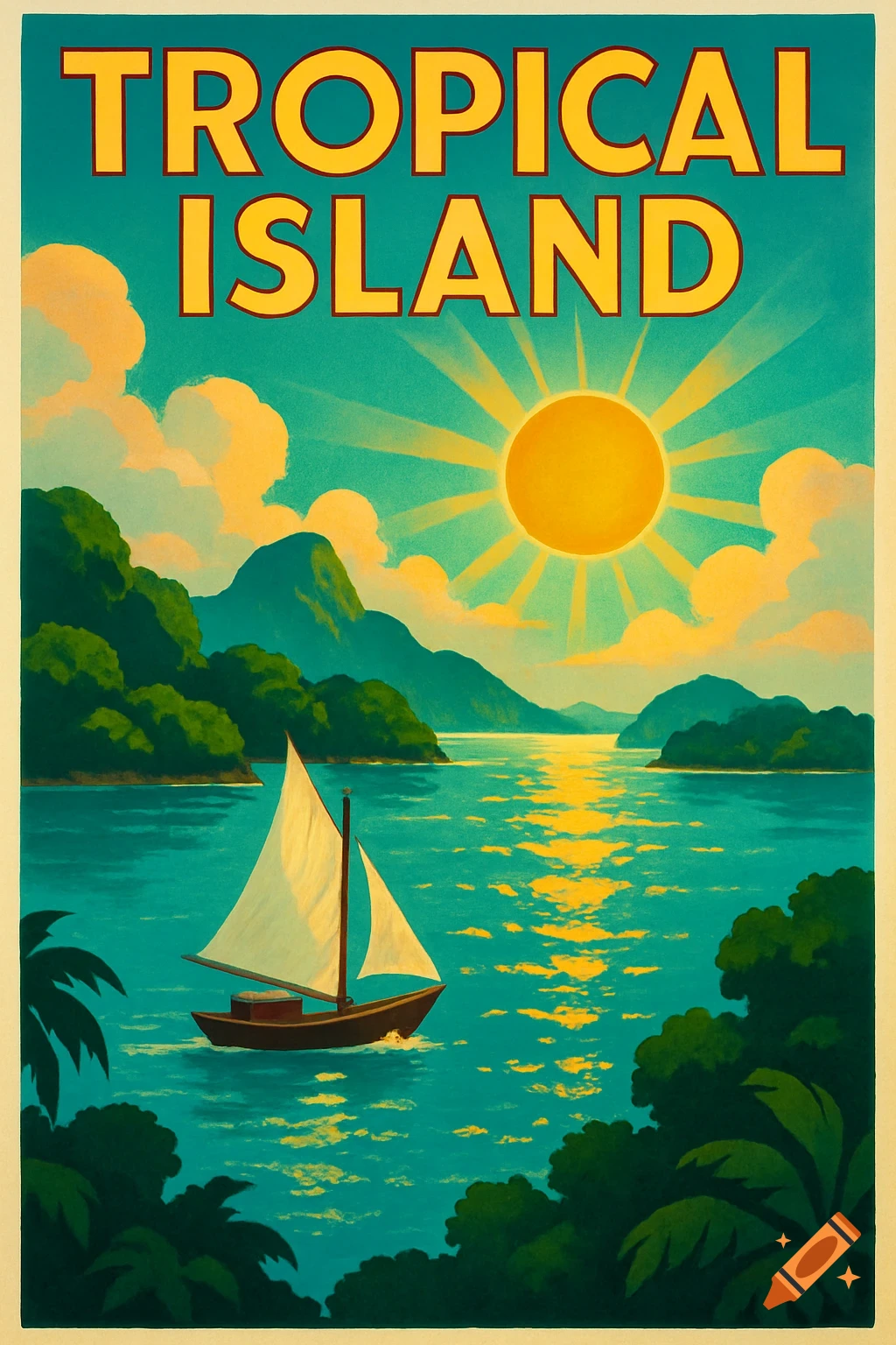 Vintage travel poster for a tropical island with mountains, a sailboat, a bright sun, and the text 'TROPICAL ISLAND'.