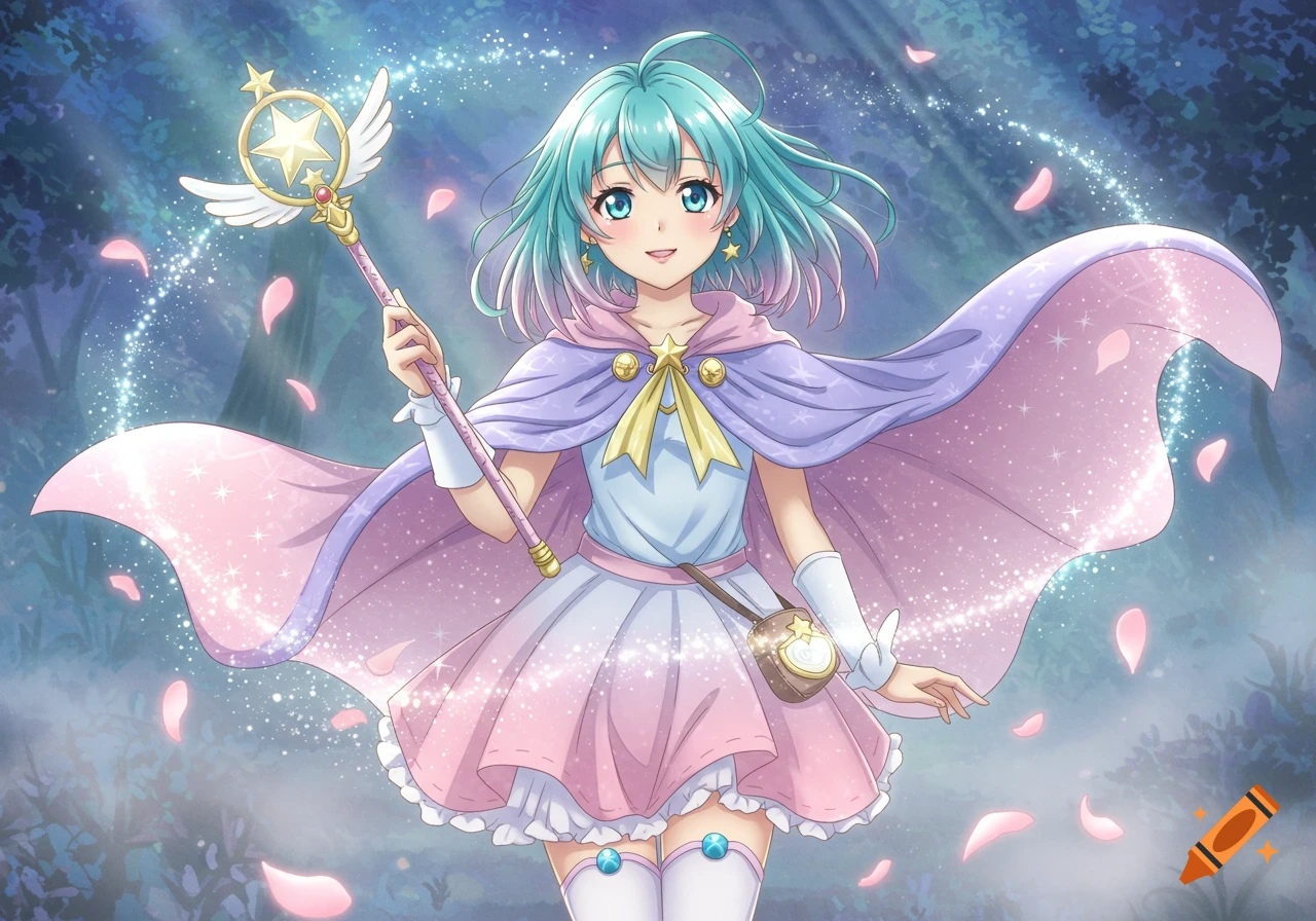 A vibrant anime magical girl with teal hair, a pink and purple cape, holding a star-tipped staff, smiling in a magical forest.