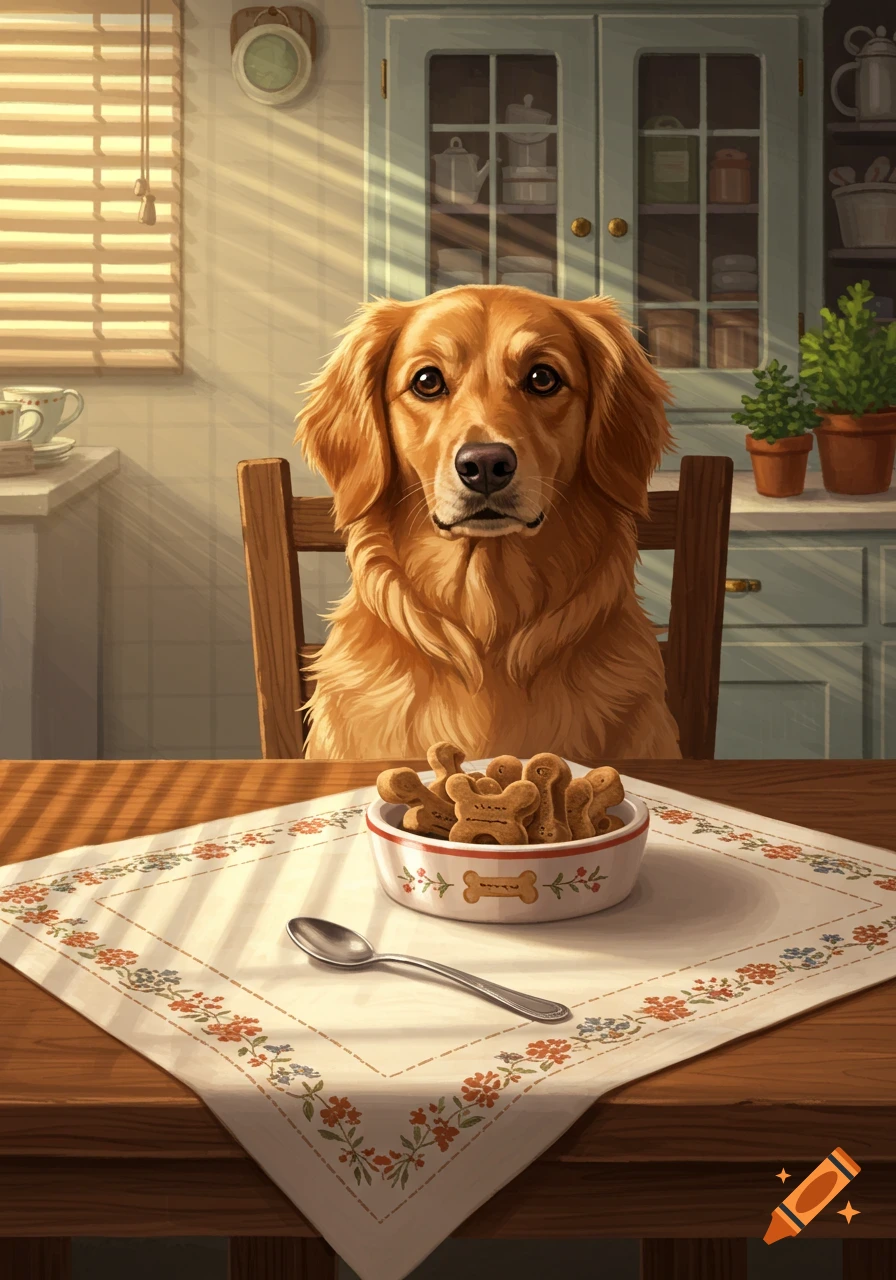 A golden retriever sits patiently at a kitchen table, looking at a bowl of bone-shaped dog biscuits.