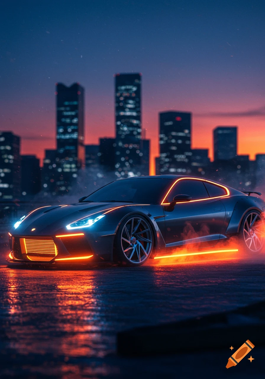 A sleek, dark sports car with glowing orange and blue neon lights on a wet street, reflecting a city skyline at sunset.