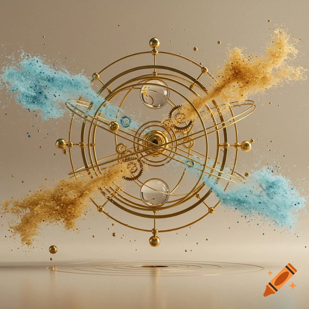 An intricate golden geometric machine with gears and spheres, surrounded by swirling blue and gold particles, on a reflective beige surface.