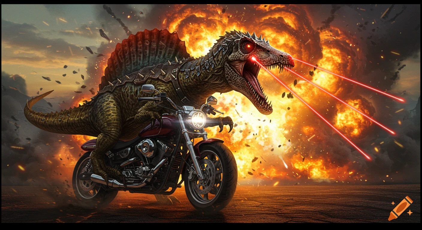 A Spinosaurus with glowing red laser eyes rides a motorcycle away from a massive explosion, in a dramatic, action-packed style.
