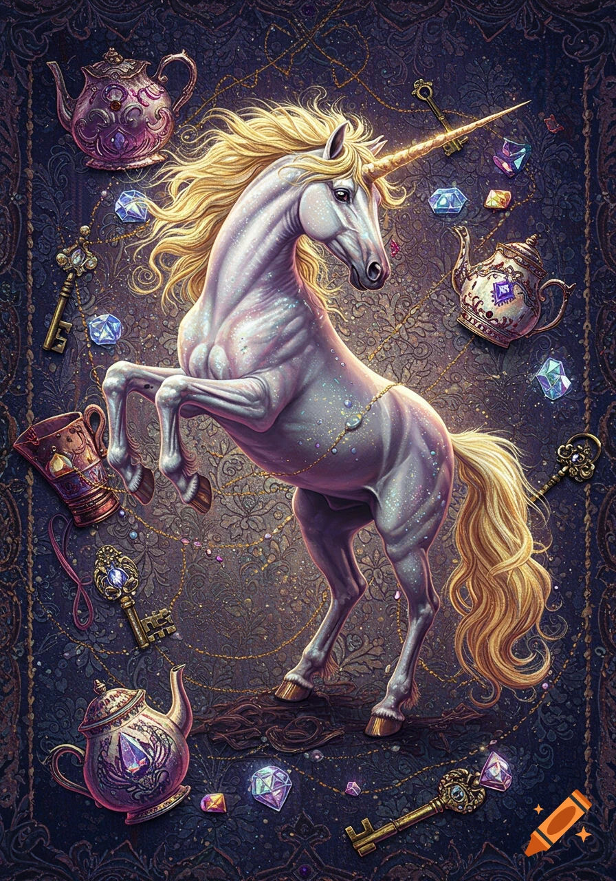 Majestic white unicorn with golden horn rearing amidst ornate teapots, keys, and gems in a rich, dark tapestry art style.