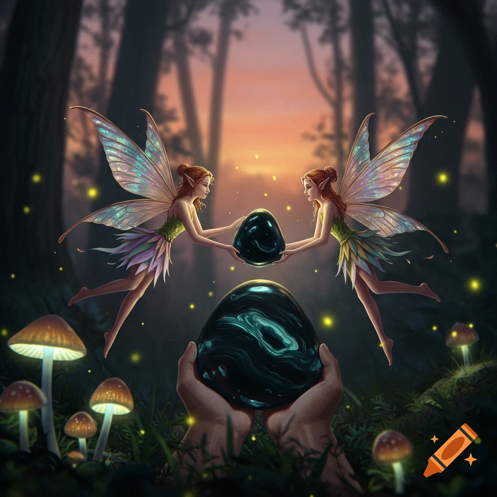 Two fairies in a magical forest hold a glowing black stone above hands holding another, surrounded by glowing mushrooms and fireflies.