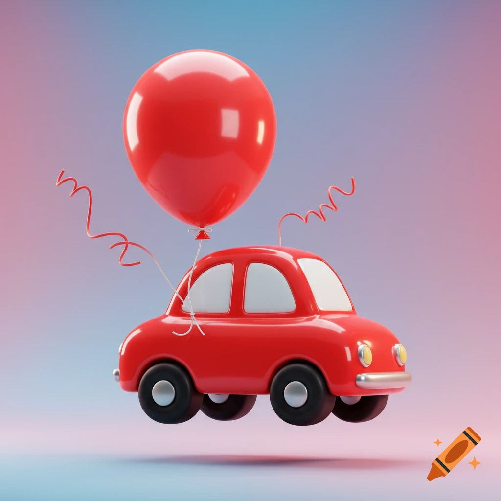 A red cartoon-style 3D car floats with a large red balloon against a soft gradient background.