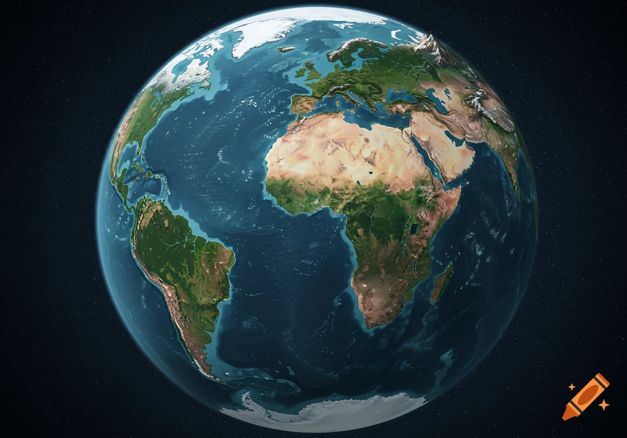 Stylized view of an alternate Earth from space, featuring different continent shapes, more landmass in the south, and polar ice.