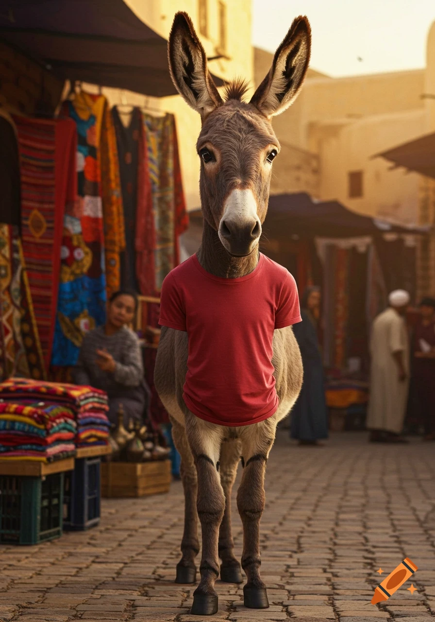 Photorealistic image of a donkey wearing a red t-shirt, standing on a cobblestone street in a vibrant market.