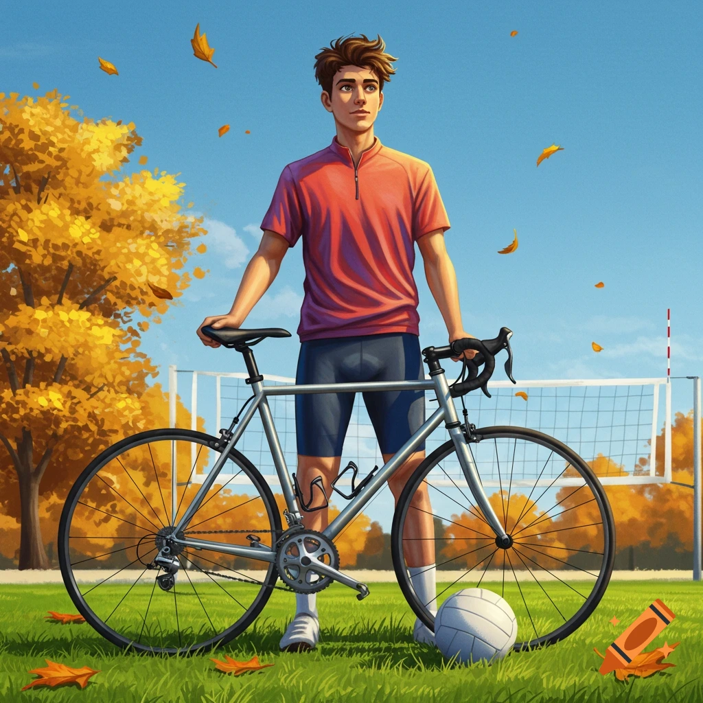 An illustrated young man stands next to a silver bicycle and a volleyball on a grassy field with autumn trees under a blue sky.