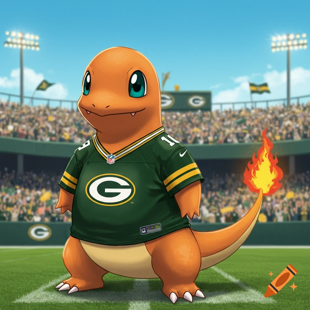 A cartoon Charmander wearing a Green Bay Packers football jersey stands on a football field in front of a stadium crowd.