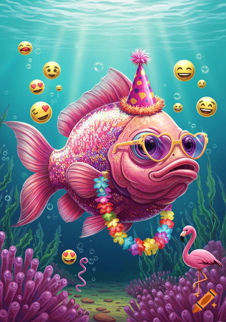 A whimsical, glittery pink fish wearing heart sunglasses, a party hat, and a lei swims underwater with emojis and a flamingo.