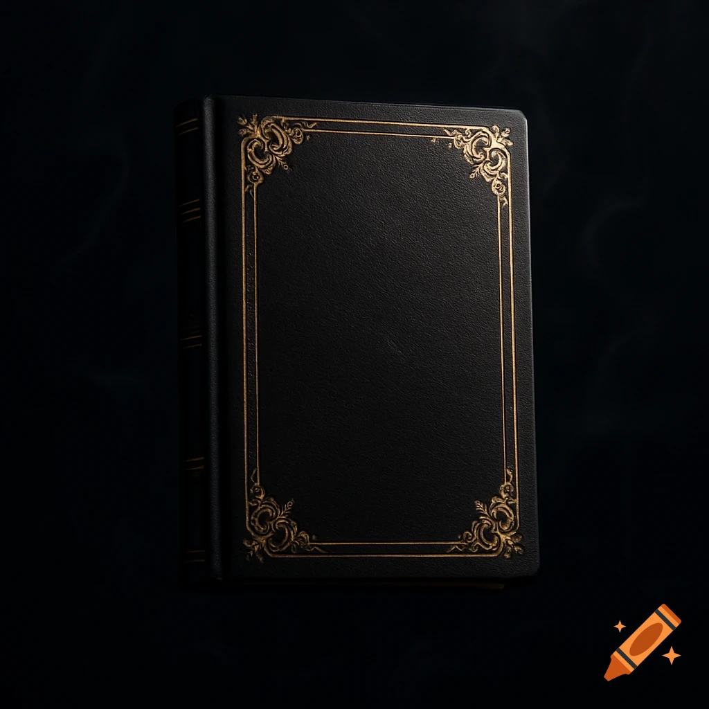 A premium black book with ornate gold trim floats in a dark, shadowy space.