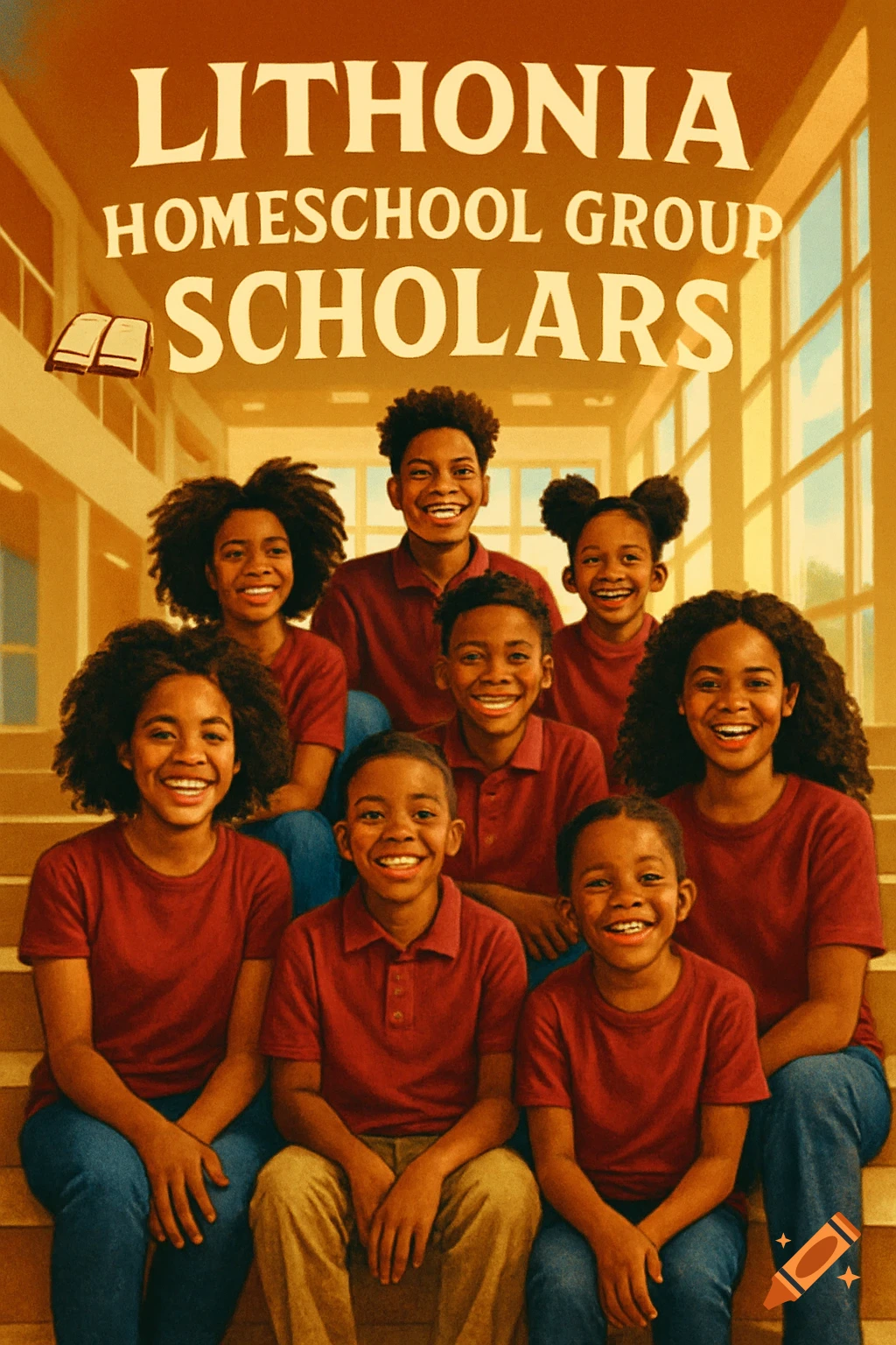 A group of smiling Black children and teens in burgundy shirts and jeans sit on school steps beneath the text 'LITHONIA HOMESCHOOL GROUP SCHOLARS'.