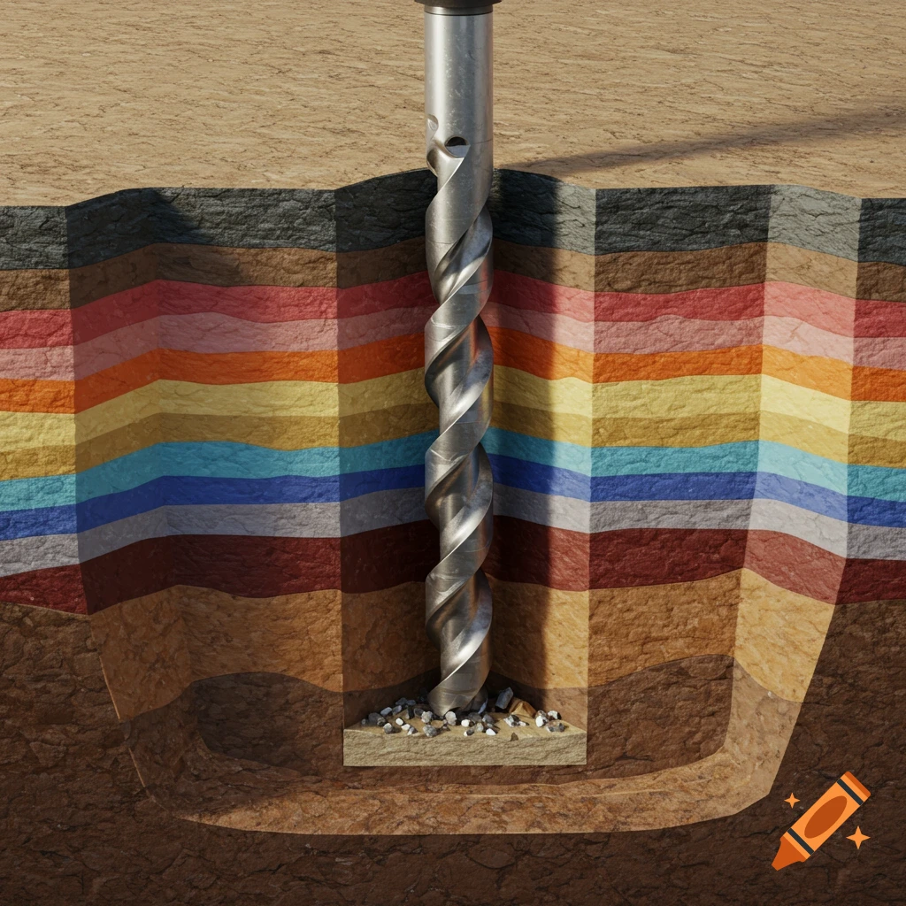 A 3D render of a drill bit boring vertically through colorful horizontal geological layers in the earth.