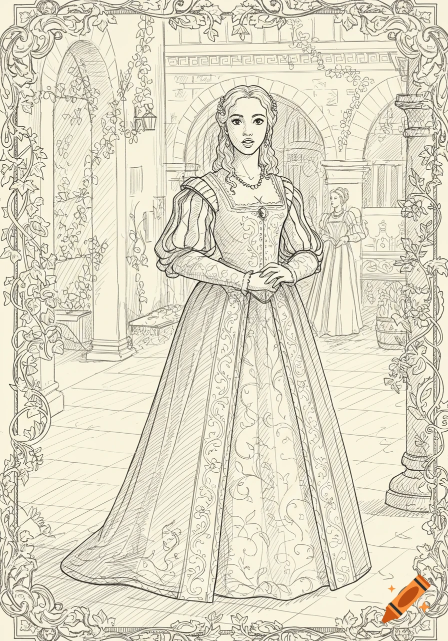 A line drawing of a woman in a Renaissance gown standing in a courtyard, framed by a decorative vine border.