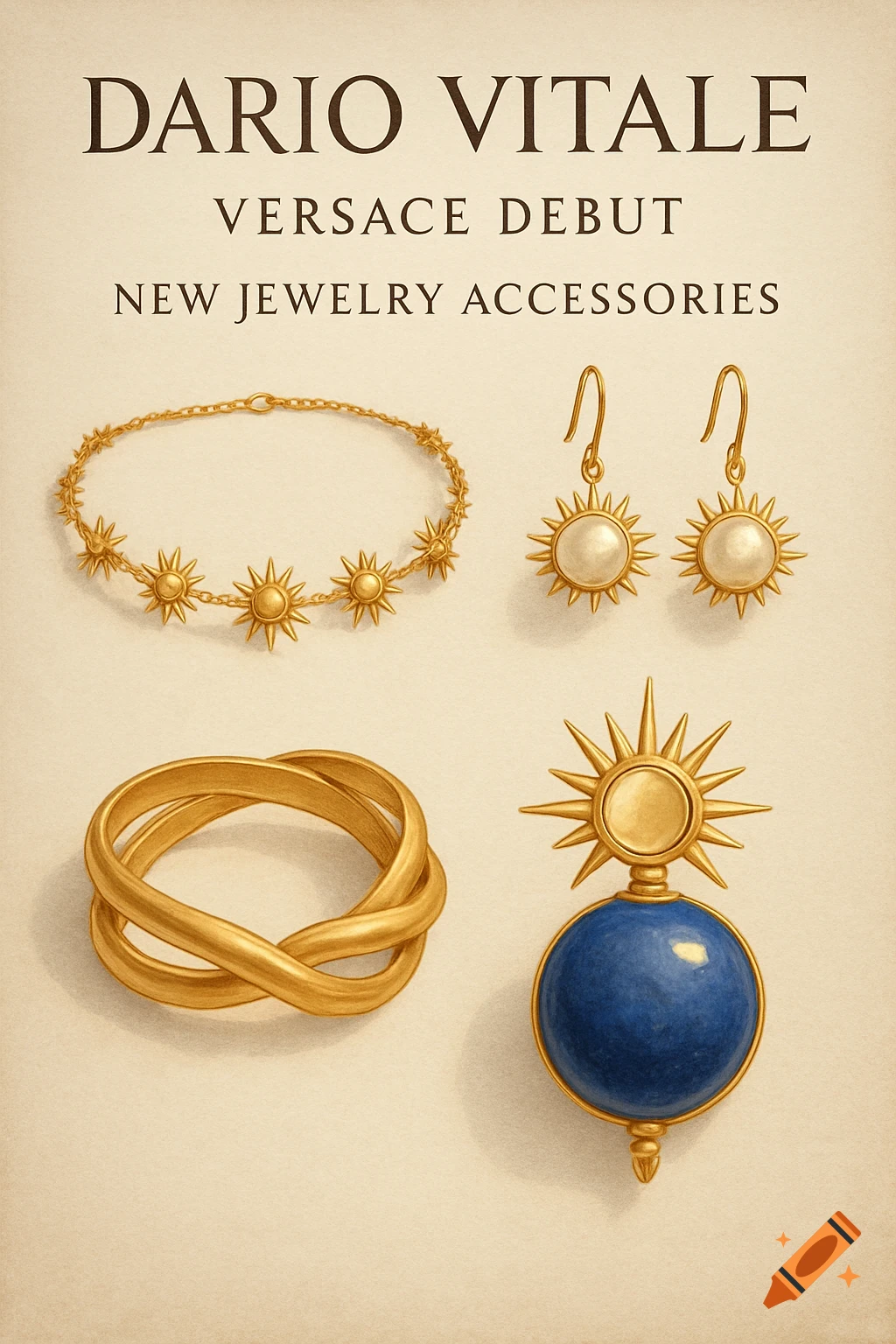 A pamphlet featuring a golden sun-themed bracelet, pearl earrings, a twisted ring, and a blue orb pendant.