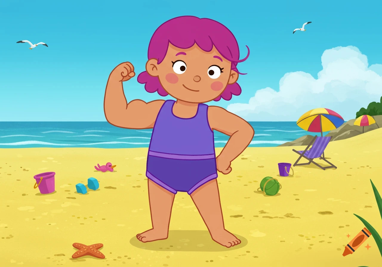 A cartoon child with pink hair in a purple swimsuit flexes her bicep on a sunny beach with toys and umbrellas in the background.