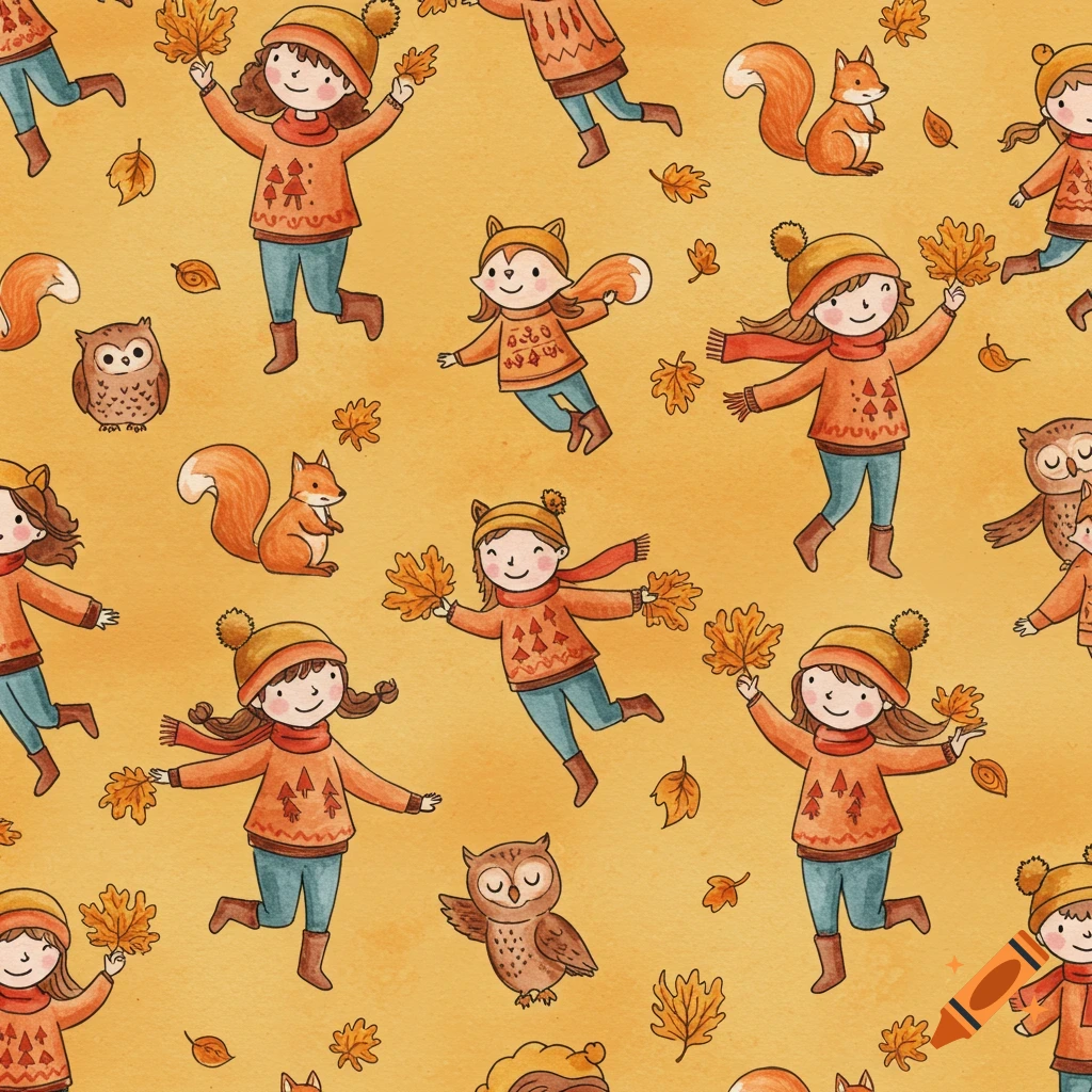 A whimsical watercolor seamless pattern of cute children playing with autumn leaves, squirrels, and owls on an orange background.
