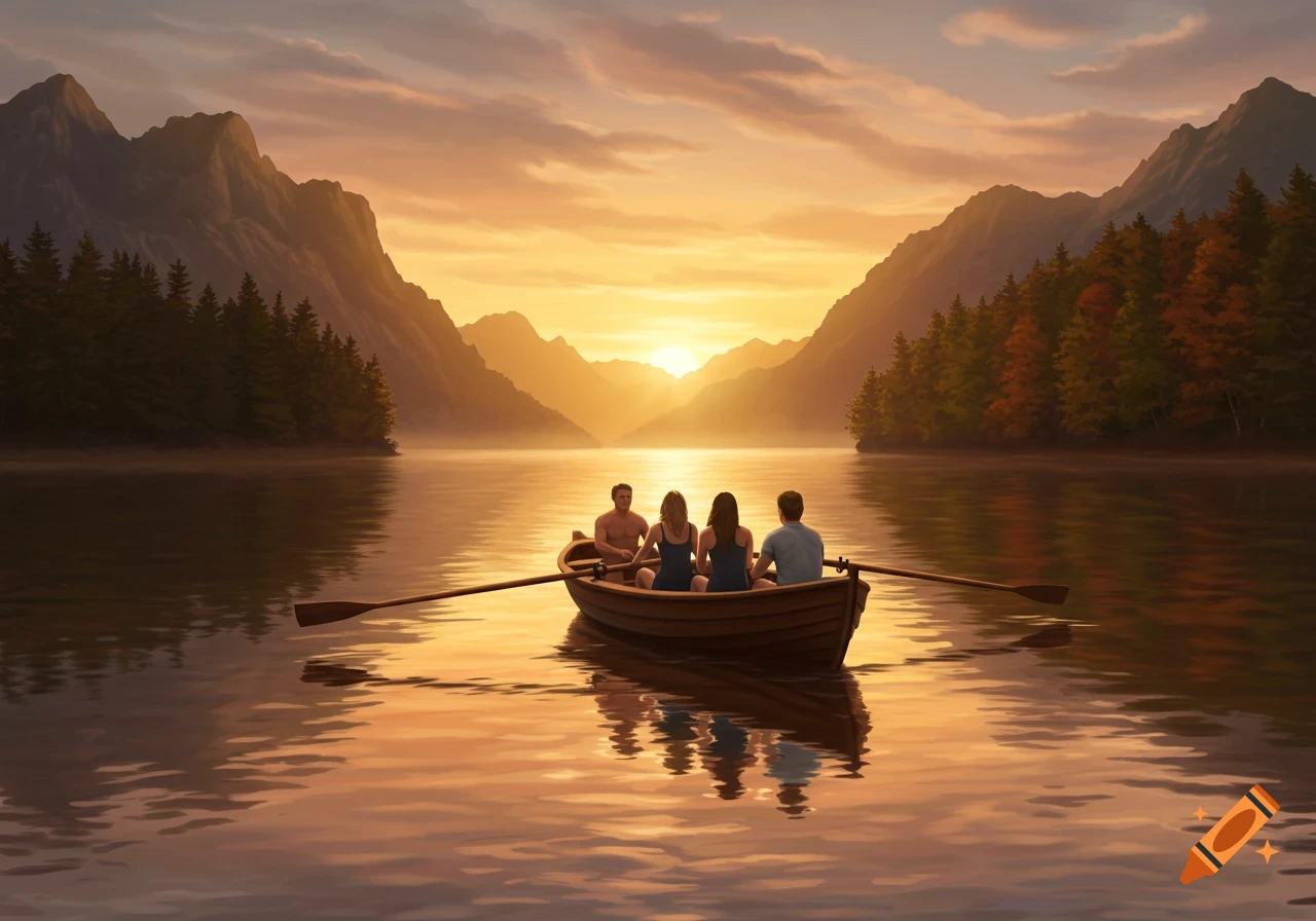Digital painting of four people in a rowing boat on a lake surrounded by mountains at sunset.