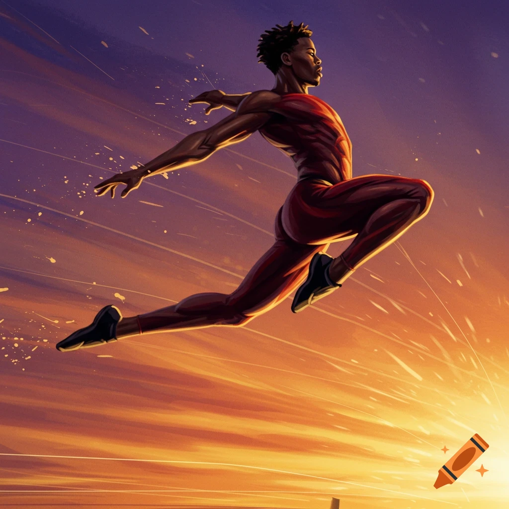 An illustrated man leaps across a vibrant, streaked sunset sky.