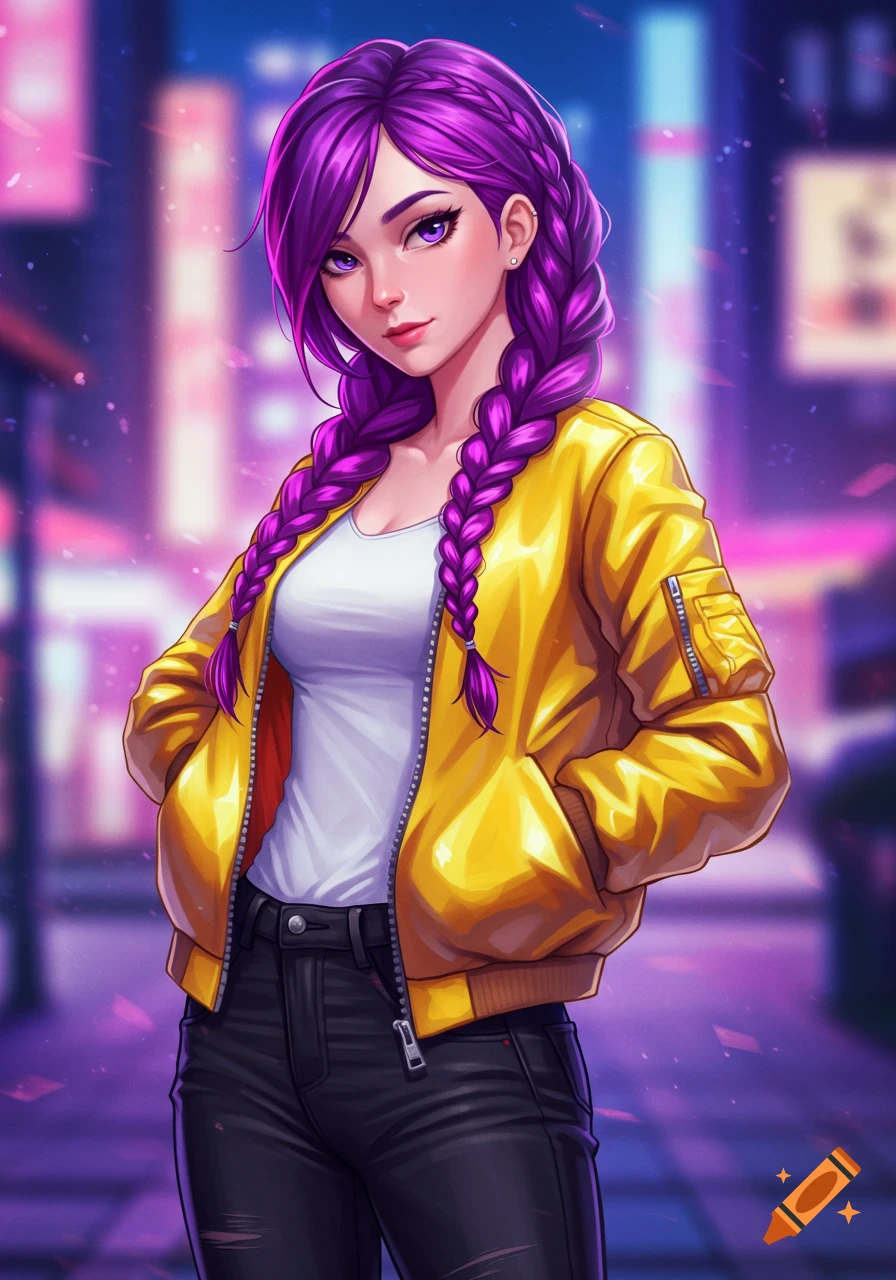 Anime girl with purple braided hair, yellow bomber jacket, white shirt, and black pants, standing on a neon-lit city street.