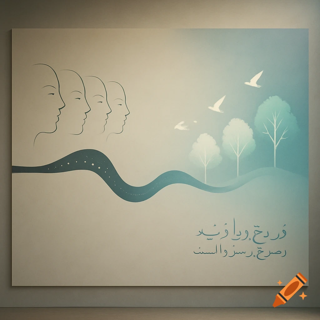 A minimalist mural with stylized human faces, a wavy line, trees, and birds, against a soft gradient background with text.