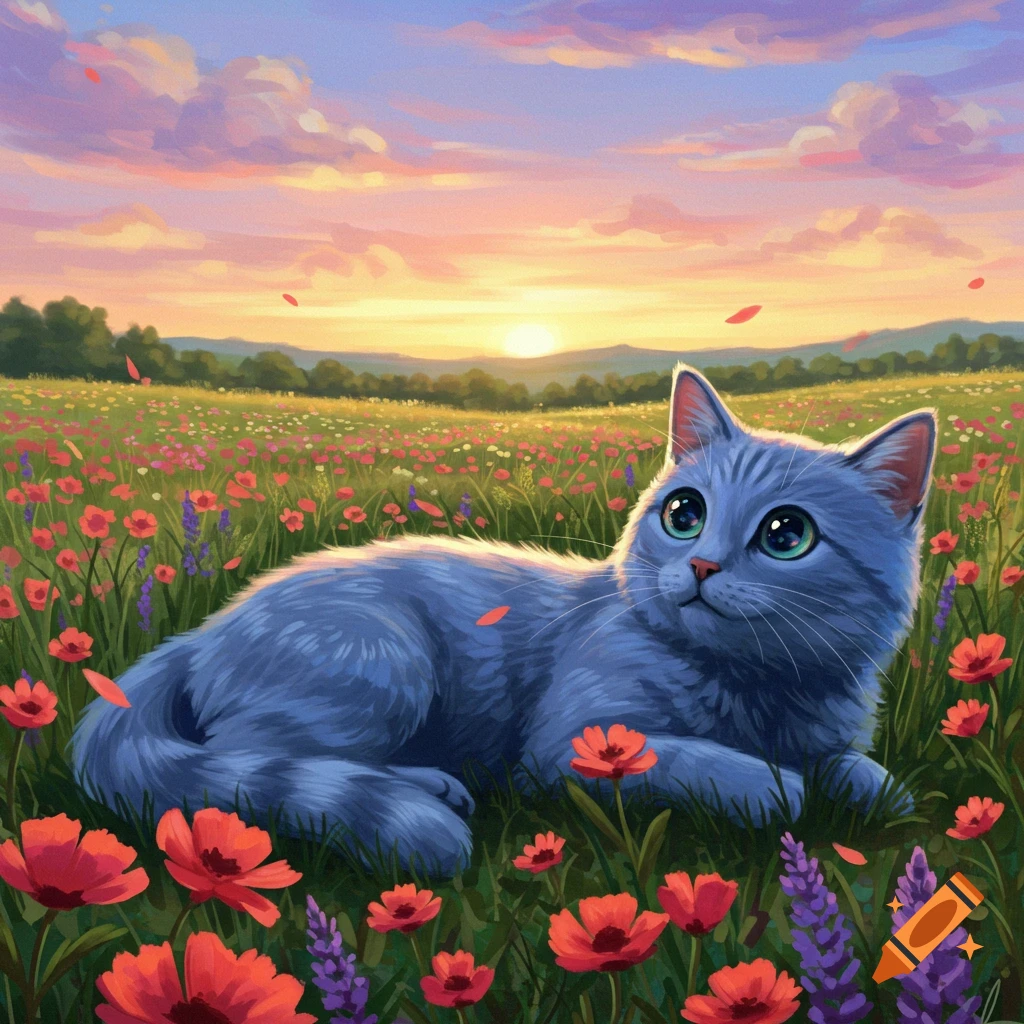 A cute blue cat with big green eyes lies in a vibrant field of red and purple flowers at sunset in an illustrative style.