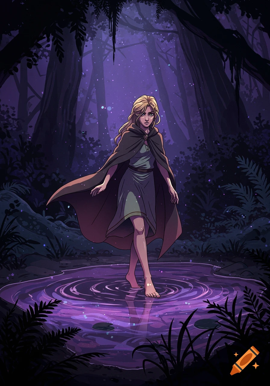 An anime illustration of a barefoot woman in a cloak walking through a glowing purple puddle in a dark forest.